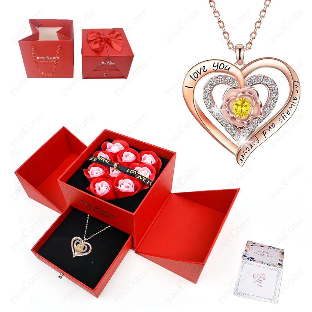 Heart Pendant Necklace With Rose Bow Box