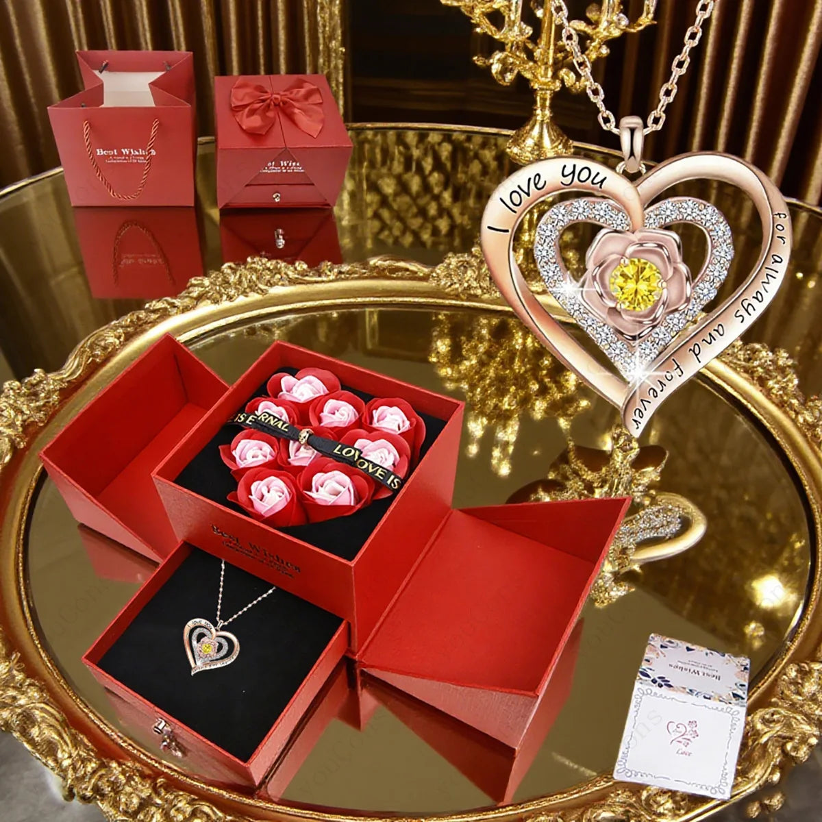 Heart Pendant Necklace With Rose Bow Box