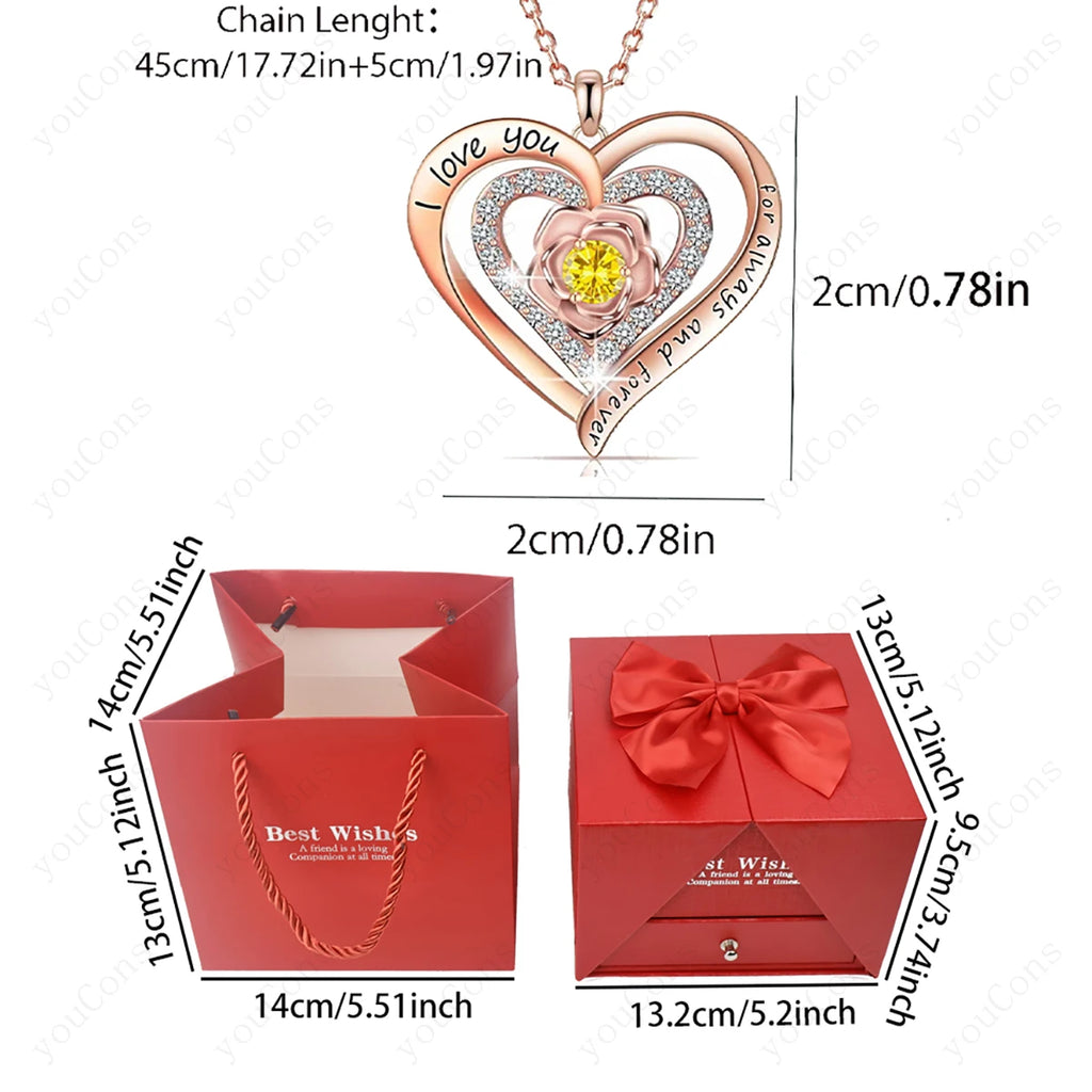 Heart Pendant Necklace With Rose Bow Box