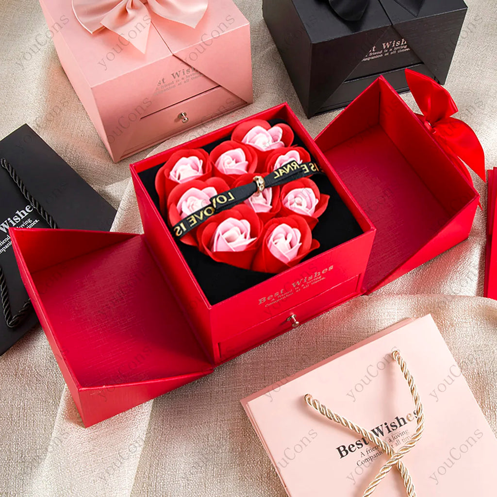 Heart Pendant Necklace With Rose Bow Box